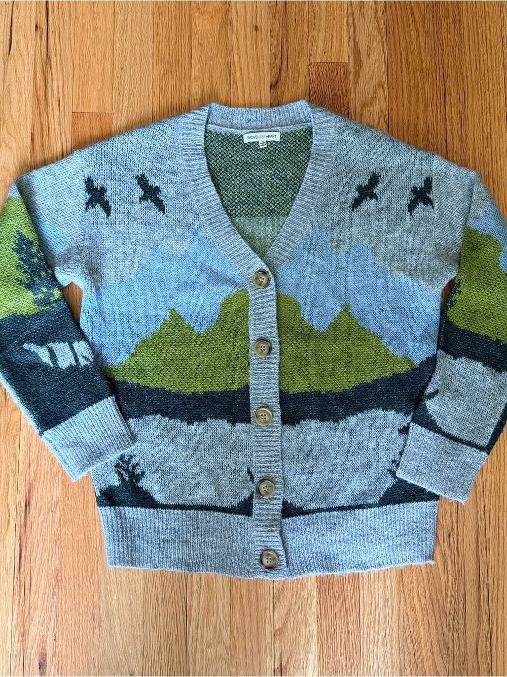 Woven Heart Gray and Green Landscape Cardigan